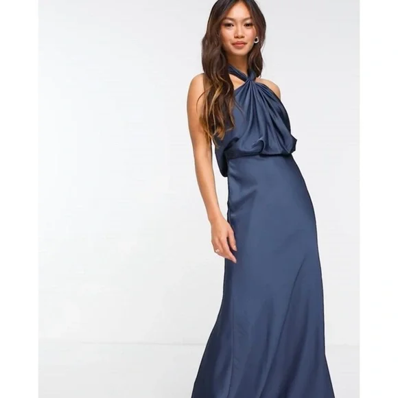ASOS | Dresses | Asos Design Bridesmaid Satin Ruched Halter Neck Maxi Dress  In Petrol Blue Size 4 | Poshmark